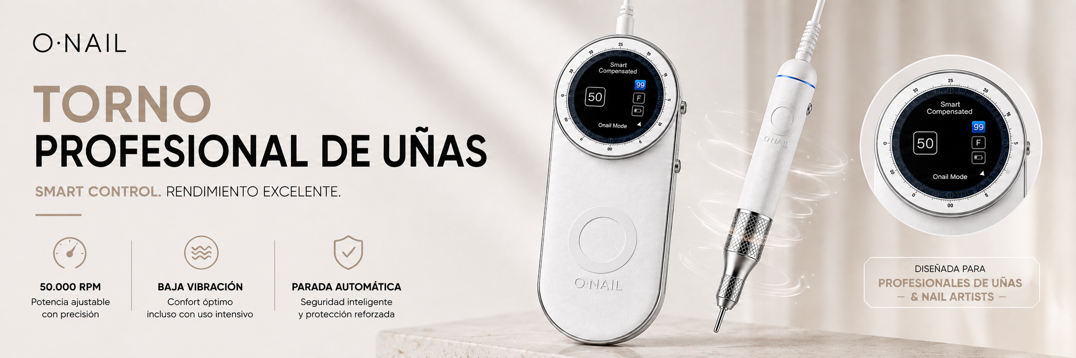 ONAIL - Torno profesional para uñas con Smart Control, 50.000 RPM, baja vibración y parada automática